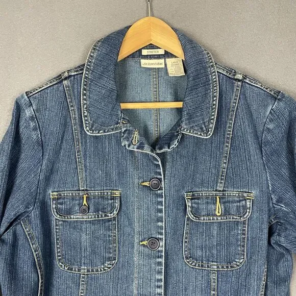 St. John's Bay Jacket Women's Large Blue Denim Stretch Long Sleeve Button Front - Picture 2 of 15